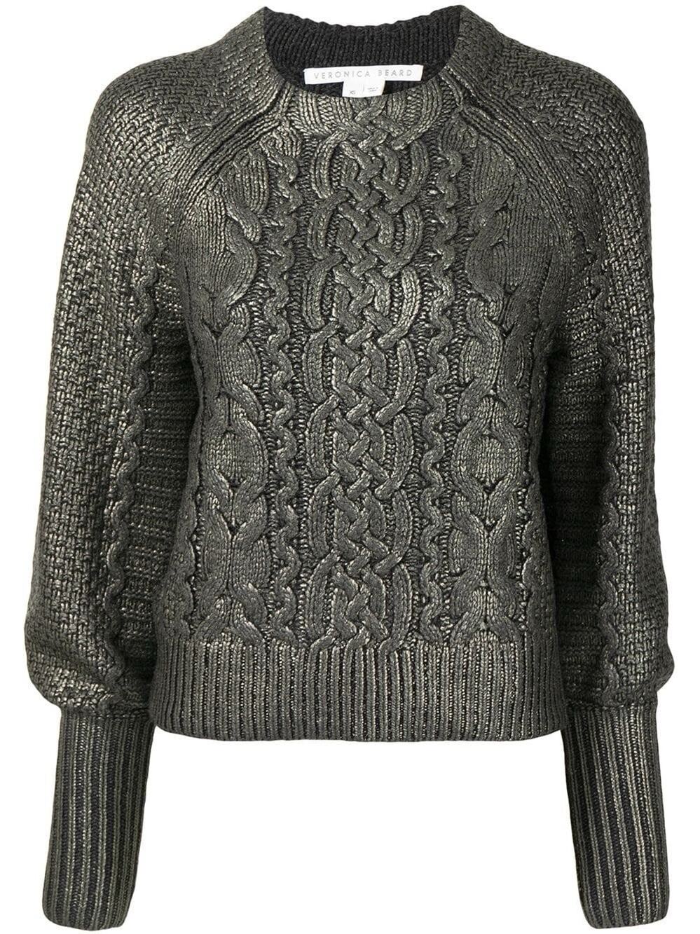 Veronica Beard Yola Metallic Cable Knit Sweater Merino Cashmere Gunmetal Large